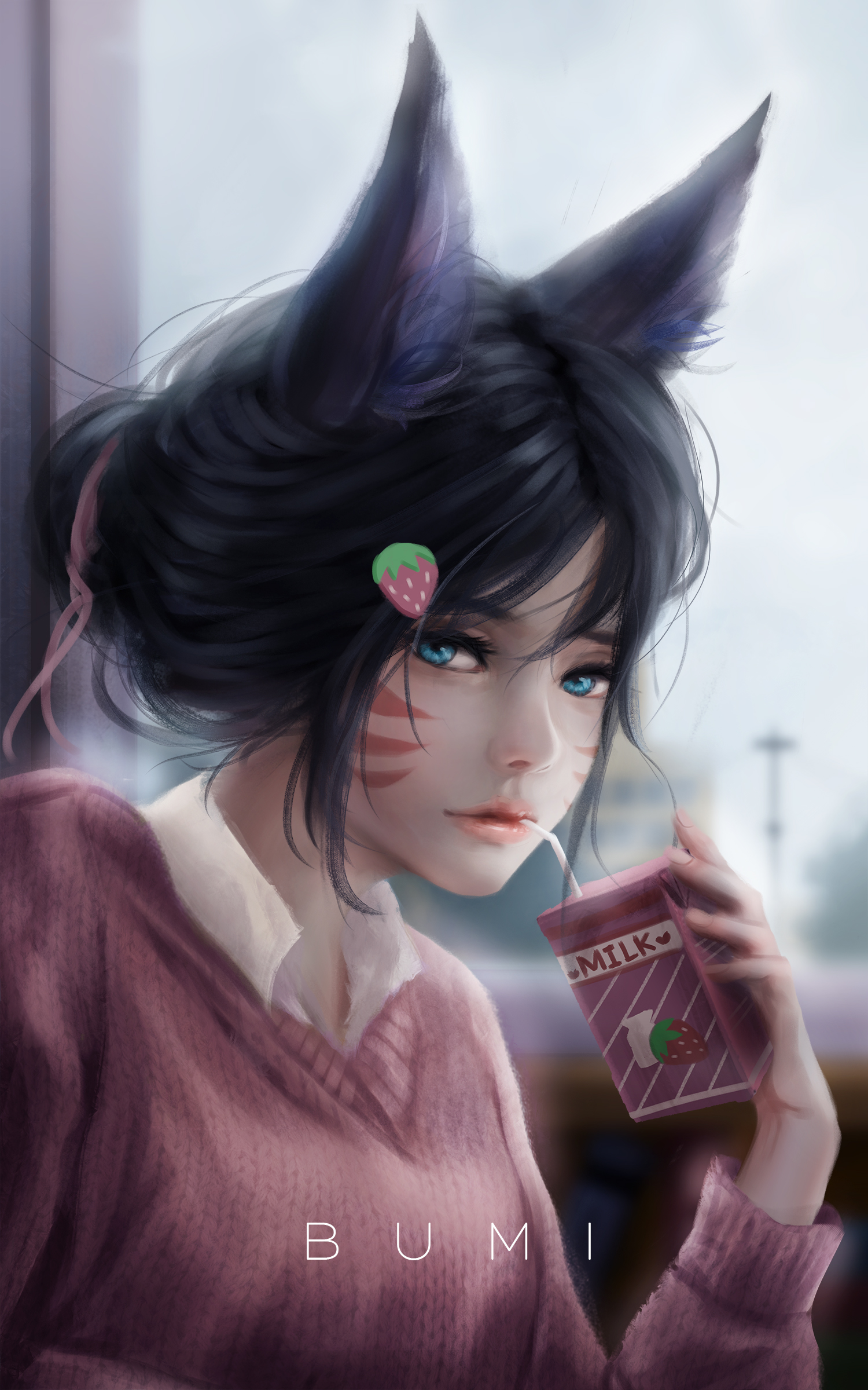 bumi league of legends ahri animal ears kitsune seifuku sweater